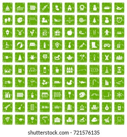 100 preschool education icons set in grunge style green color isolated on white background vector illustration