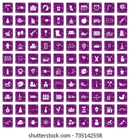 100 preschool education icons set in grunge style purple color isolated on white background vector illustration