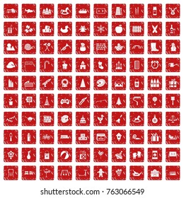 100 preschool education icons set in grunge style red color isolated on white background vector illustration