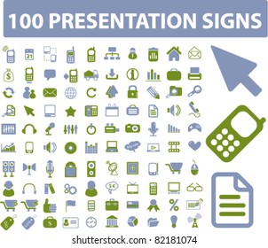 100 presentation icons, signs, vector illustrations