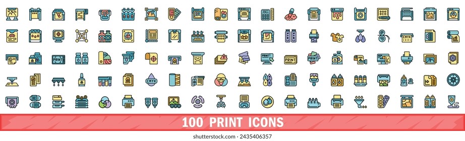 100 print icons set. Color line set of print vector icons thin line color flat on white