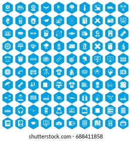 100 printer icons set in blue hexagon isolated vector illustration