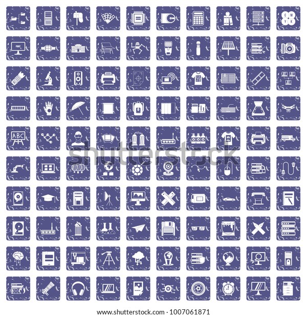 100 printer icons set in\
grunge style sapphire color isolated on white background vector\
illustration