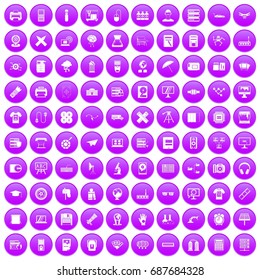 100 printer icons set in purple circle isolated on white vector illustration