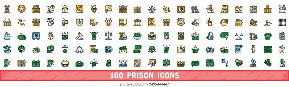 100 prison icons set. Color line set of prison vector icons thin line color flat on white