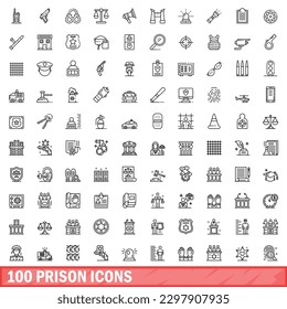 100 íconos de la prisión. Esbozo de ilustración de 100 iconos de prisión conjunto de vectores aislados en fondo blanco