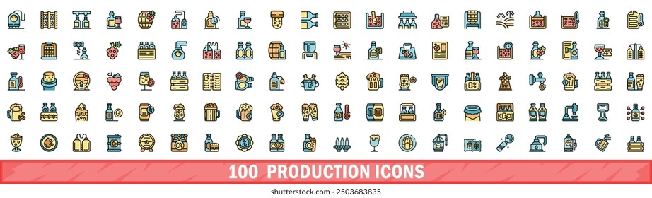 100 production icons set. Color line set of production vector icons thin line color flat on white