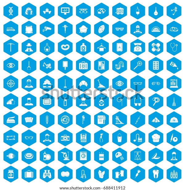 100 profession icons set in blue hexagon\
isolated vector\
illustration