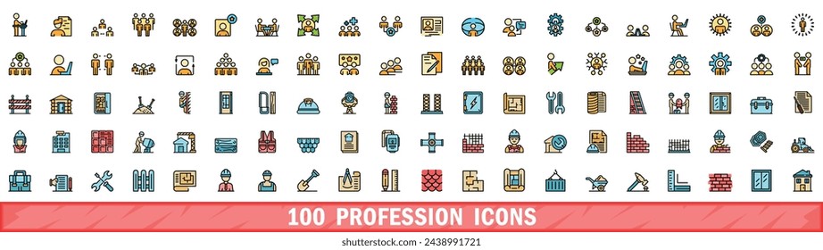 100 profession icons set. Color line set of profession vector icons thin line color flat on white