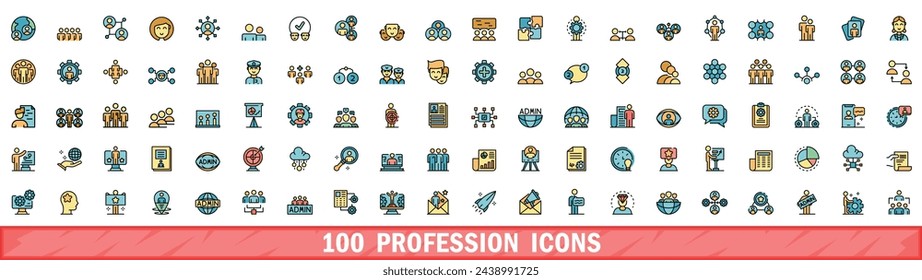 100 profession icons set. Color line set of profession vector icons thin line color flat on white