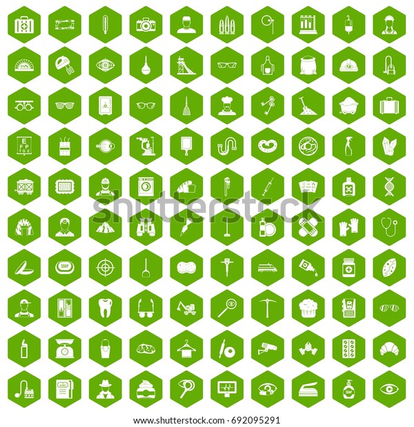 100 profession icons set in green hexagon\
isolated vector\
illustration