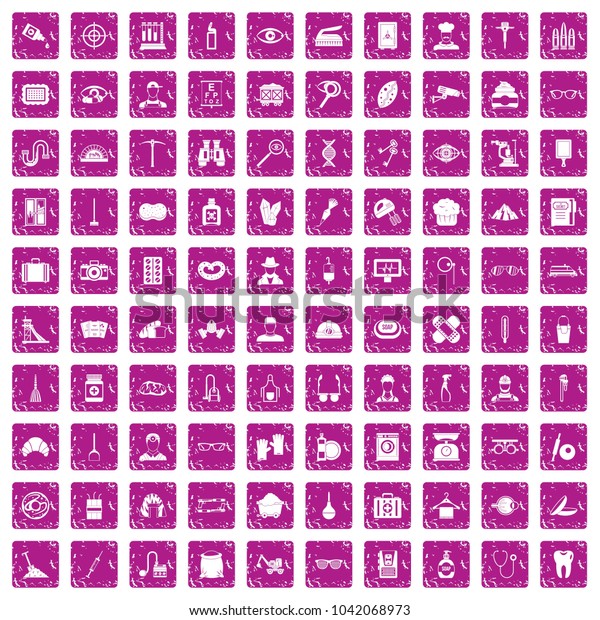 100 profession icons set\
in grunge style pink color isolated on white background vector\
illustration