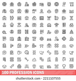 100 profession icons set. Outline illustration of 100 profession icons vector set isolated on white background