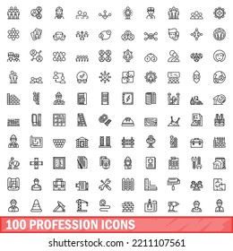 100 profession icons set. Outline illustration of 100 profession icons vector set isolated on white background