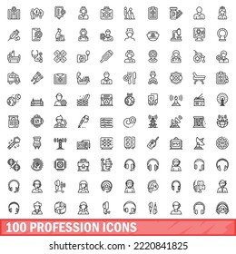 100 íconos de profesión. Ilustración de esquema de 100 iconos de profesión conjunto de vectores aislado en fondo blanco