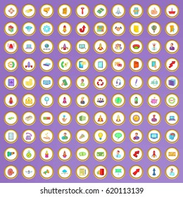 100 project start icons set in cartoon style on purple background vector illustration