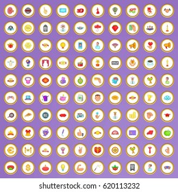 100 promotion icons set in cartoon style on purple background vector illustration