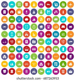 100 property icons set in different colors circle isolated vector illustration