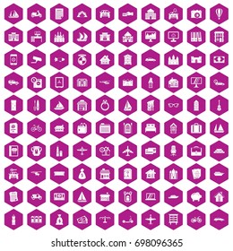 100 property icons set in violet hexagon isolated vector illustration