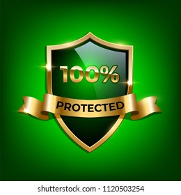 100% Protected design template. Vector green glass shield with golden frame and golden ribbon with Protected word isolated on green luxury background. 