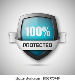 100% Protected guard shield concept. 100% safety badge icon. Privacy guarantee shield banner. Security guarantee label. Defense tag. Presentation shining sticker shape. Defense safeguard shield vector
