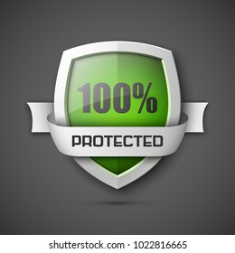 100% Protected guard shield concept. 100% safety badge icon. Privacy guarantee shield banner. Security guarantee label. Defense tag. Presentation shining sticker shape. Defense safeguard shield vector