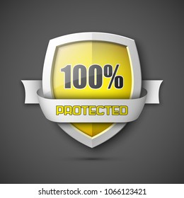 100% Protected guard shield concept. 100% safety badge icon. Privacy guarantee shield banner. Security guarantee label. Defense tag. Presentation shining sticker shape. Defense safeguard shield vector