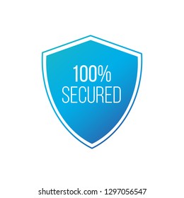 100% Protected guard shield concept. 100% safety badge icon. Privacy guarantee shield banner. Security guarantee label. Defense tag. Vector illustration isolated on white background.