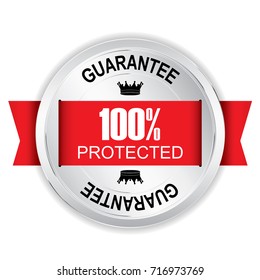 100% Protected Silver badge with red ribbon.vector illustration