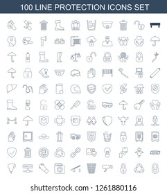 100 protection icons. Trendy protection icons white background. Included line icons such as heart lock, recycle, lock, Security camera, trash bin. protection icon for web and mobile.