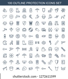 100 protection icons. Trendy protection icons white background. Included outline icons such as helmet, tooth brush, key, umbrella, cannon. protection icon for web and mobile.