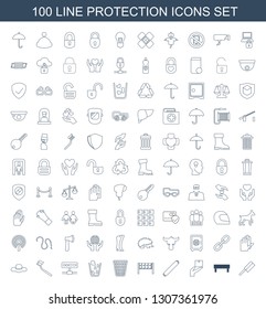 100 protection icons. Trendy protection icons white background. Included line icons such as toothbrush, barrier, cargo protection, bandage. icon for web and mobile.
