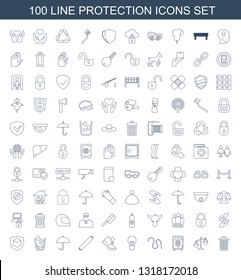 100 protection icons. Trendy protection icons white background. Included line icons such as delete trash bin, scales, safe, water hose, keyhole. protection icon for web and mobile.