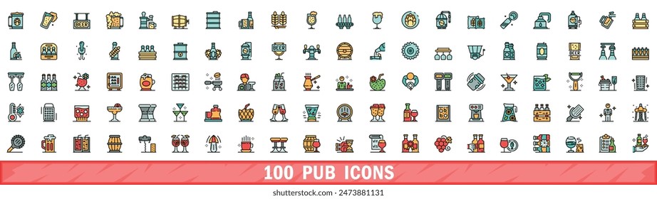 100 pub icons set. Color line set of pub vector icons thin line color flat on white