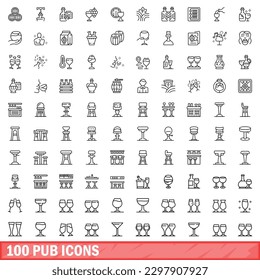 100 Pub-Icons Set. Outline-Illustration von 100 Pub-Ikonen, Vektorset einzeln auf weißem Hintergrund