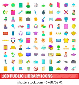 100 public library icons set in cartoon style for any design illustration