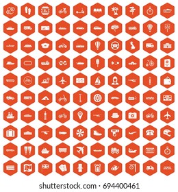 100 public transport icons set in orange hexagon isolated vector illustration