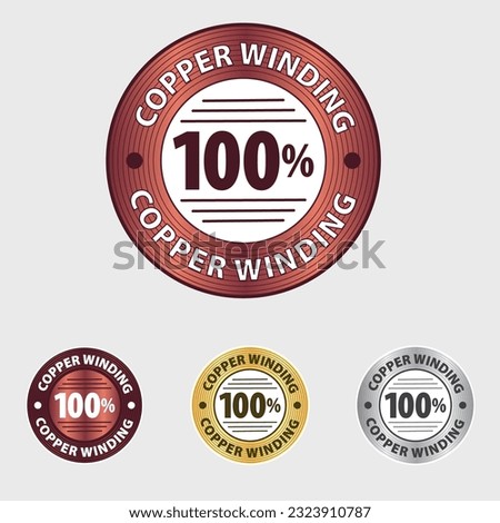 100% Pure copper winding Isolated vector icon. rounded emblem, badge, icon, logo, symbol, fan, ac, icon for packaging, 100% Copper Winding, illustration, electrical, pumps, factory.
