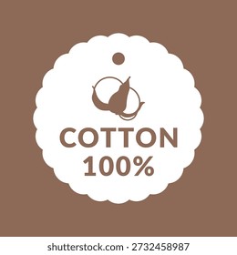 100% pure cotton vector label on brown latte background. Plant cotton hand drawn flat illustration on circular tag.