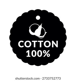 100% pure cotton vector label on white background. Plant cotton hand drawn flat illustration on circular black tag.