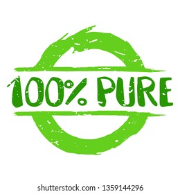 100% Pure Graphic Mark Stamp. Doodle Label Symbol. Grunge Brush Art.