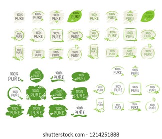 100 Pure label and high quality product badges. Bio healthy Eco food organic, bio and natural product icon. Emblems for cafe, packaging etc. Vector