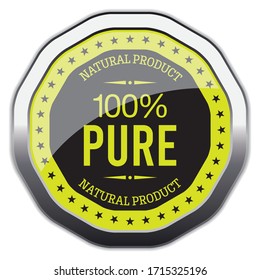 100% Pure. Natural Product. Vector Silver Badge.