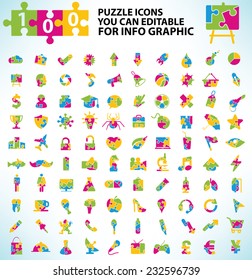 100 Puzzle icon set,Elements of info graphic design on clean background,clean vector