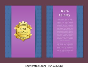 100% quality best choice exclusive premium standard poster decorated by ribbons, gold seal with black text vector illustration on blue purple background