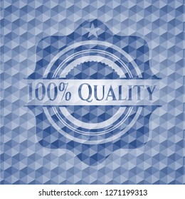 100% Quality blue badge with geometric pattern background.