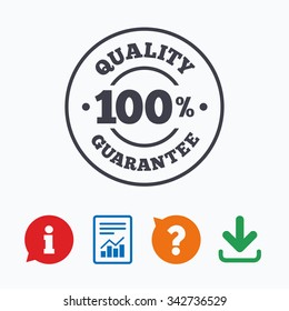100% quality guarantee sign icon. Premium quality symbol. Information think bubble, question mark, download and report.