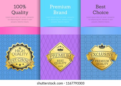 100% quality premium brand best choice set of golden labels on posters with gold stamp vector promo sticker with crown, 100 % guarantee certificates