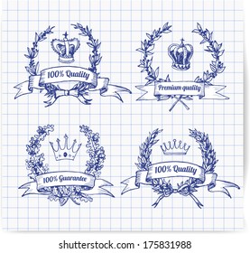 100% quality and premium quality sketch labels. Laurel wreaths and crowns on squared paper. Vector pen sketch illustration.