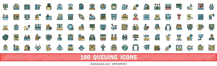 100 queuing icons set. Color line set of queuing vector icons thin line color flat on white